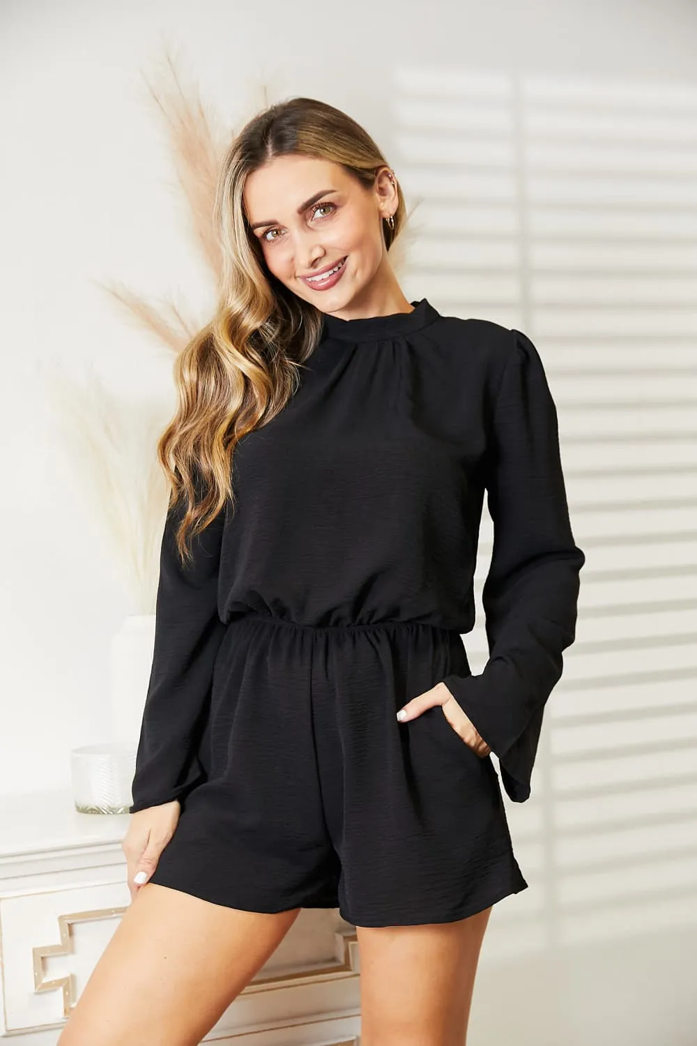 Full Size Open Back Romper with Pockets / Black