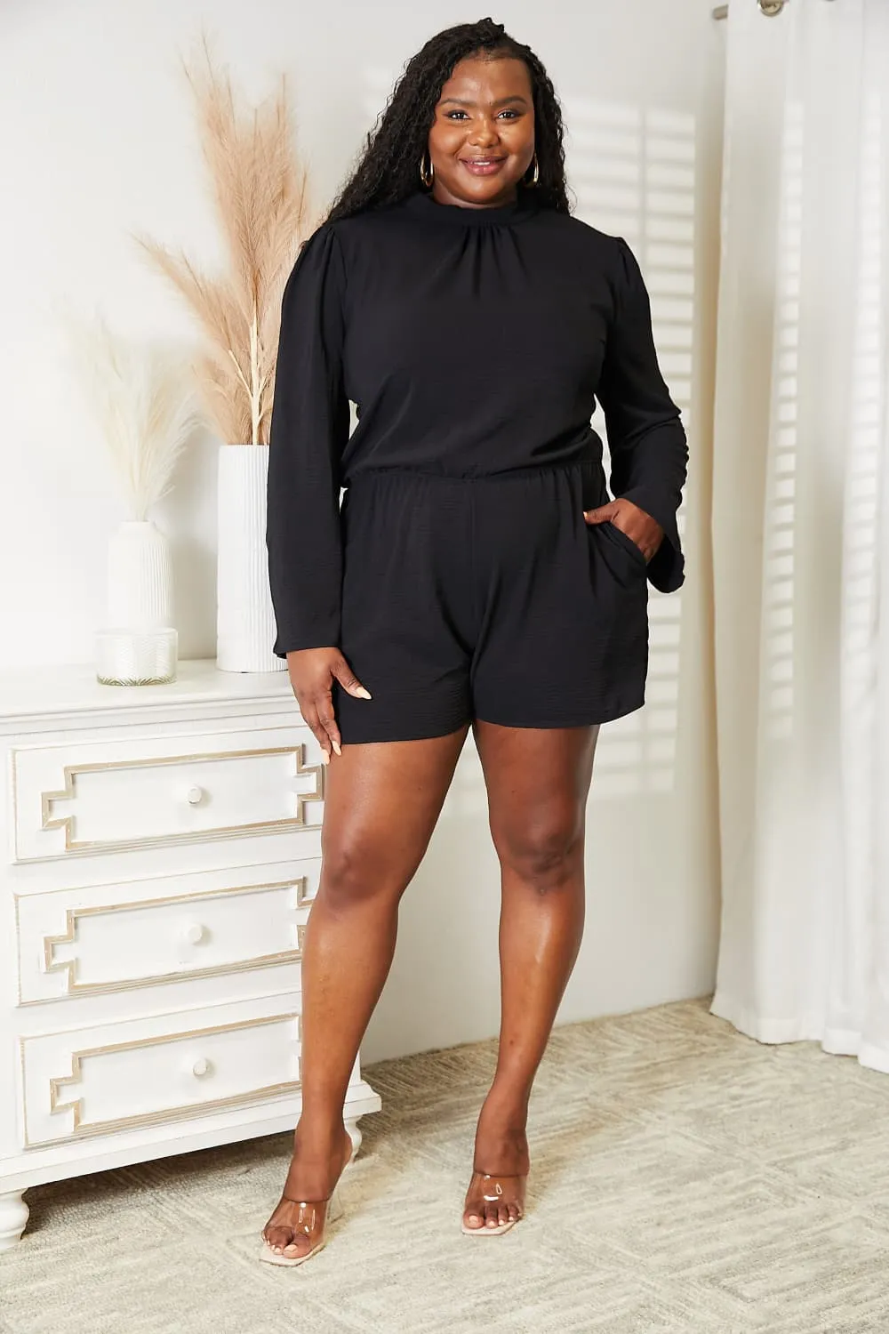 Full Size Open Back Romper with Pockets / Black