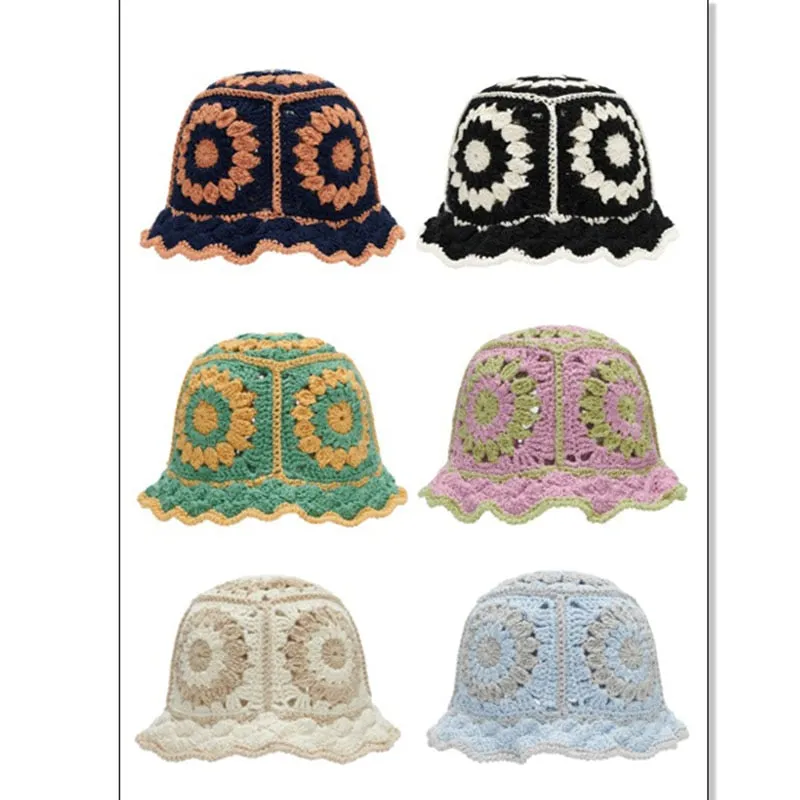 Granny Square Hat Boho Crochet Bucket Beanie Available In Six Different Colors You Choose Black Pink White Beige Green Yellow Hand Made Crocheted Choose Fall Winter Stocking Cap