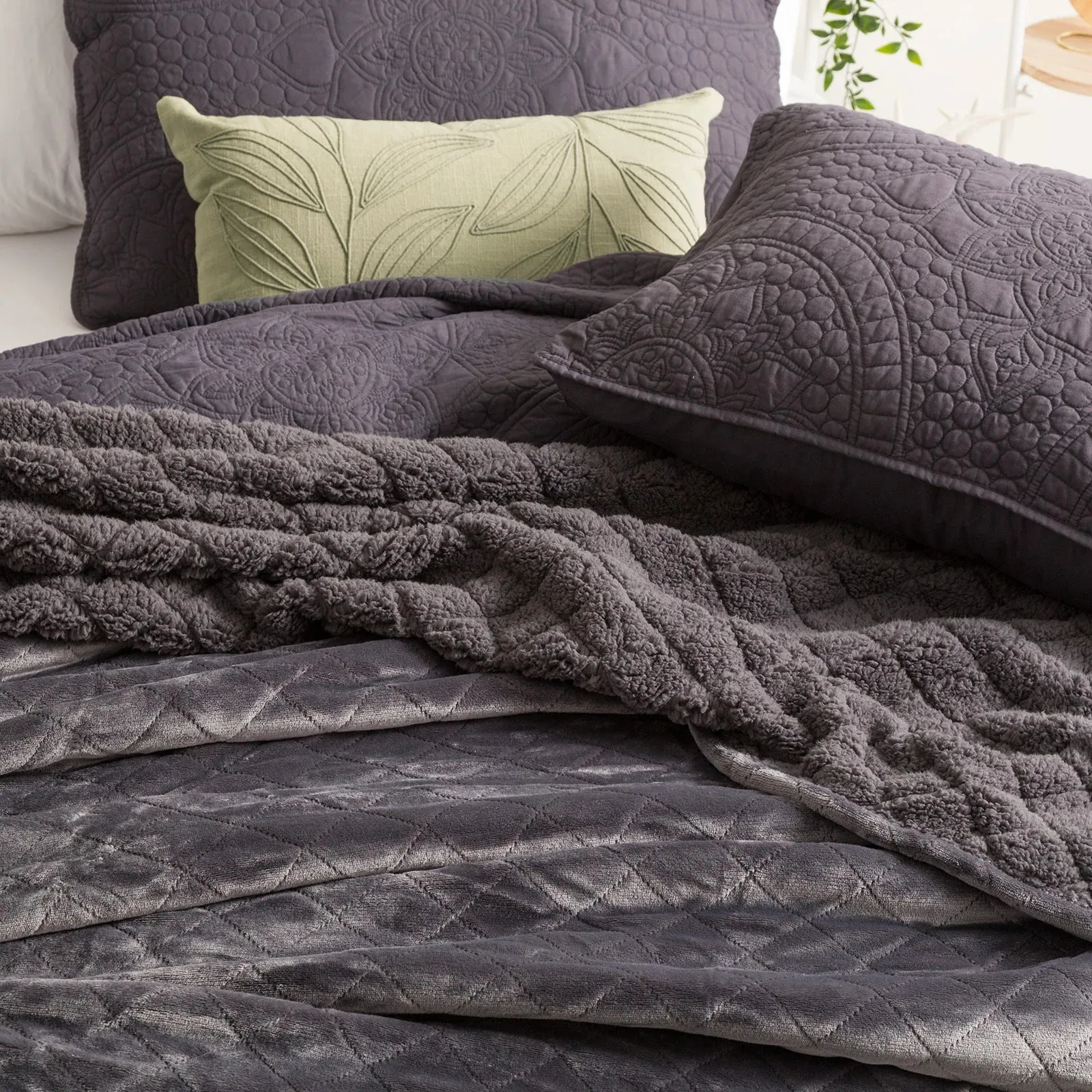 Heston Sherpa Ultra Soft Velvet Blanket GRAPHITE by Renee Taylor