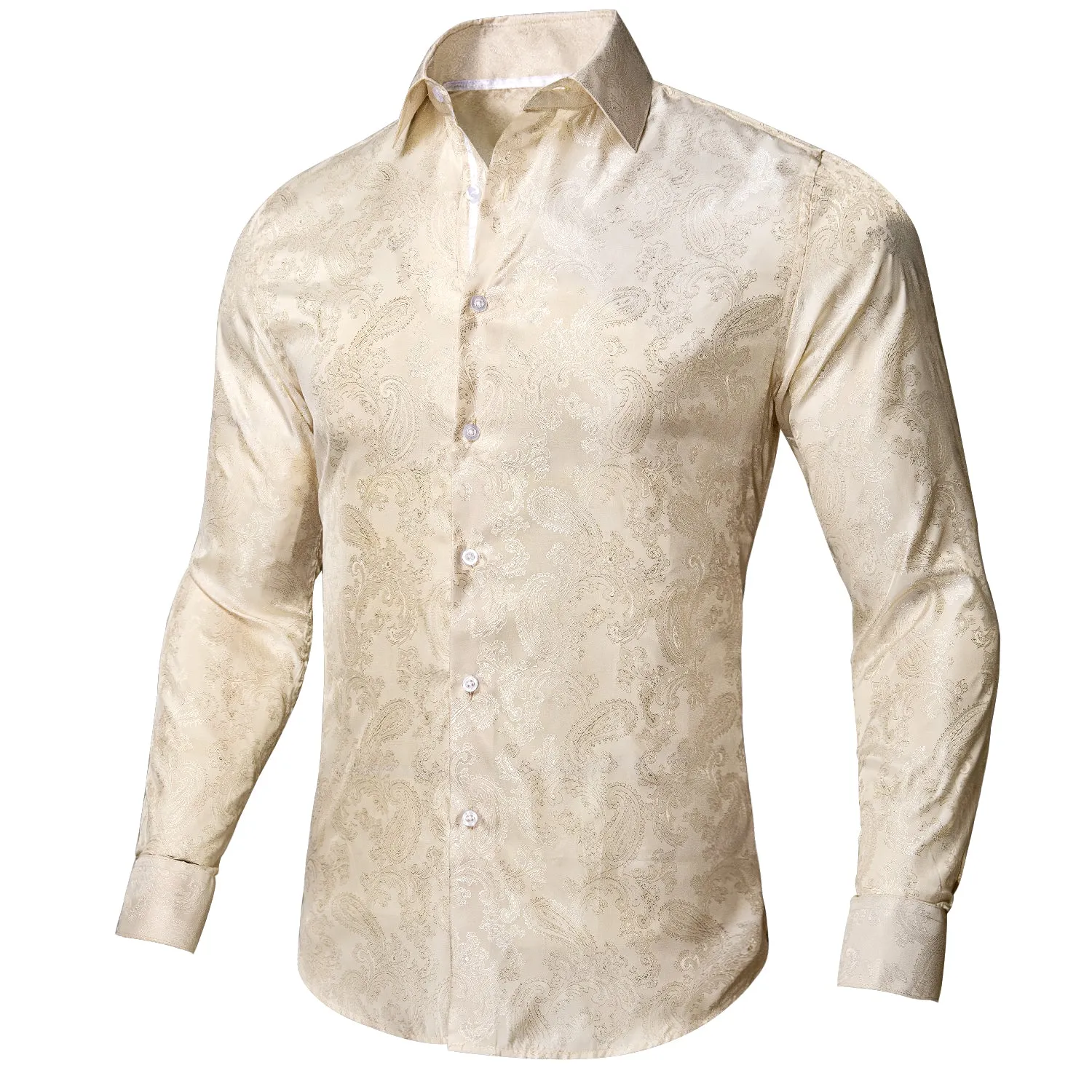 Hi-Tie Cream White Wedding Shirt Beige Paisley Silk Men's Dress Shirt