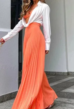 High Fashion Orange Pleated Wide Leg Pants