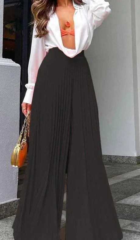 High Fashion Orange Pleated Wide Leg Pants