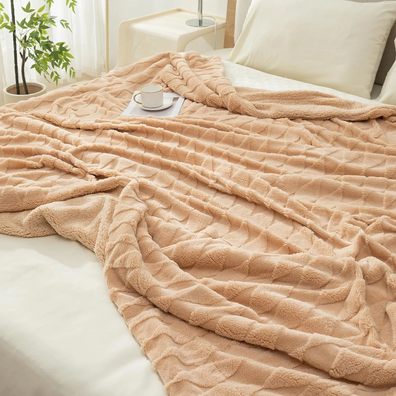 HOKIPO AC and Mild Winter Sherpa Blanket Double Bed Queen, 200x230 cm / 6.5x7.5 feet, Beige (AR-4921-BGE)