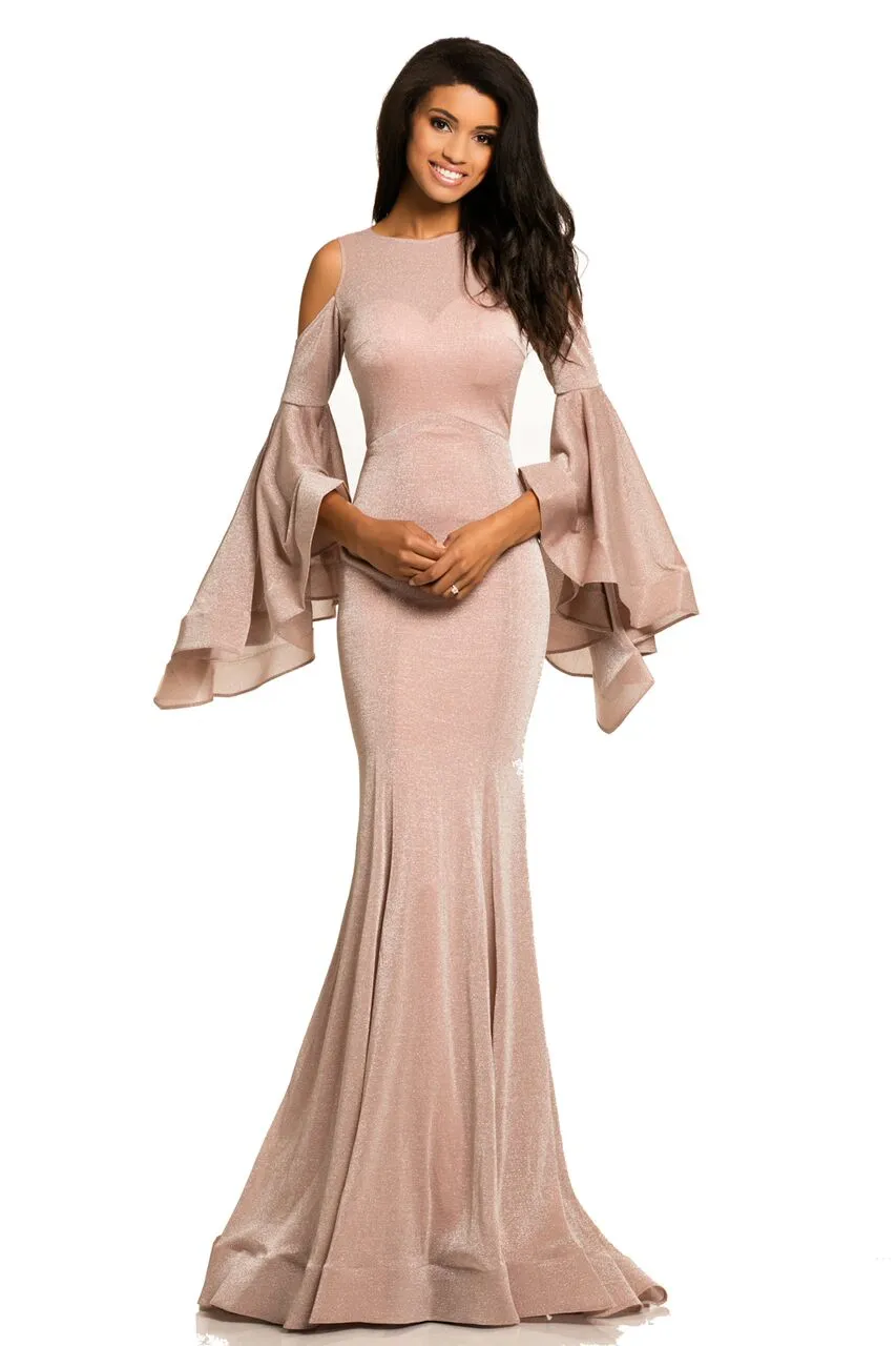 Johnathan Kayne 8111 Size 2 Long Backless Bell Sleeve Dress Shimmer Mermaid Formal