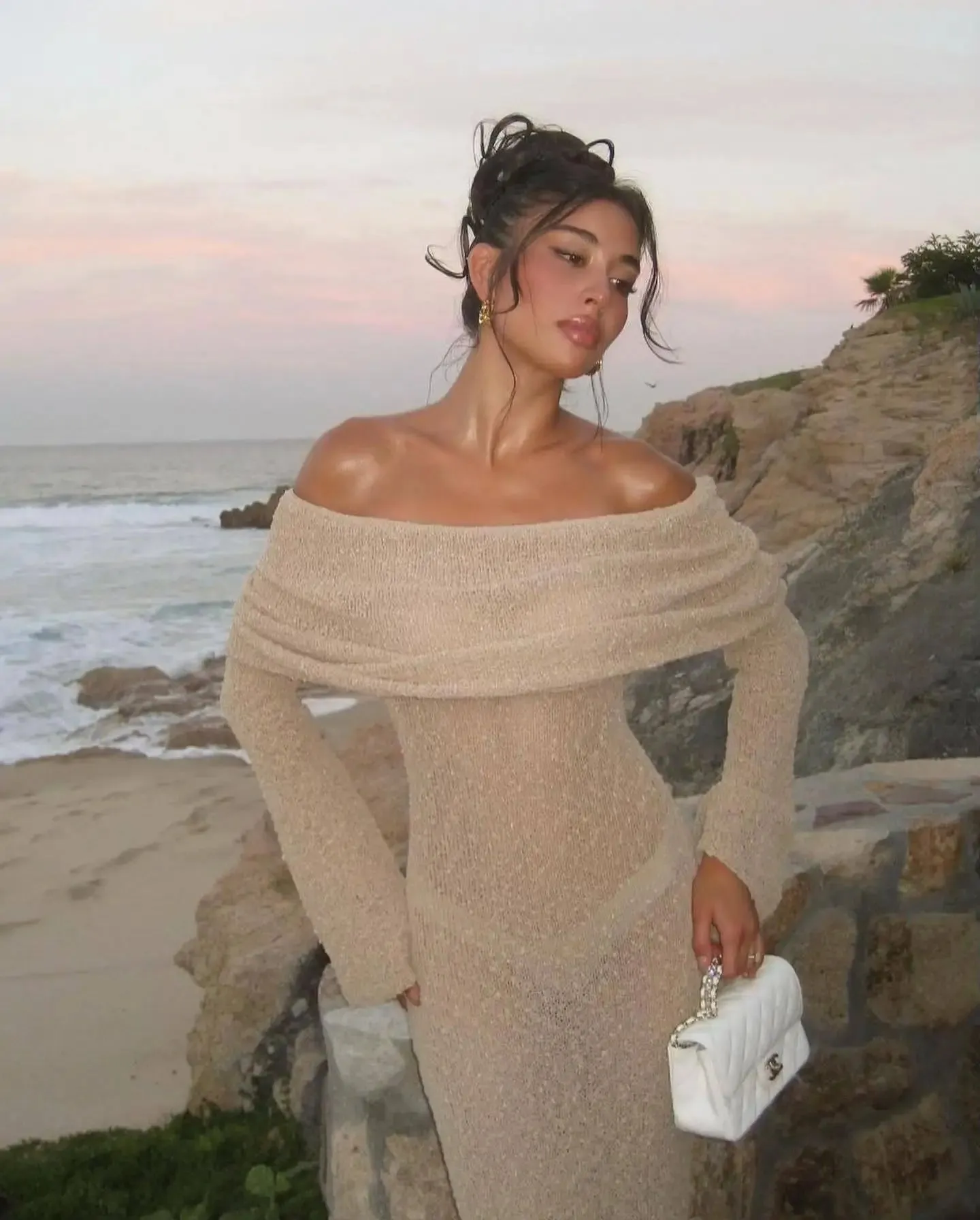 Knit Off-Shoulder Long Charming Sleeve Maxi Dress