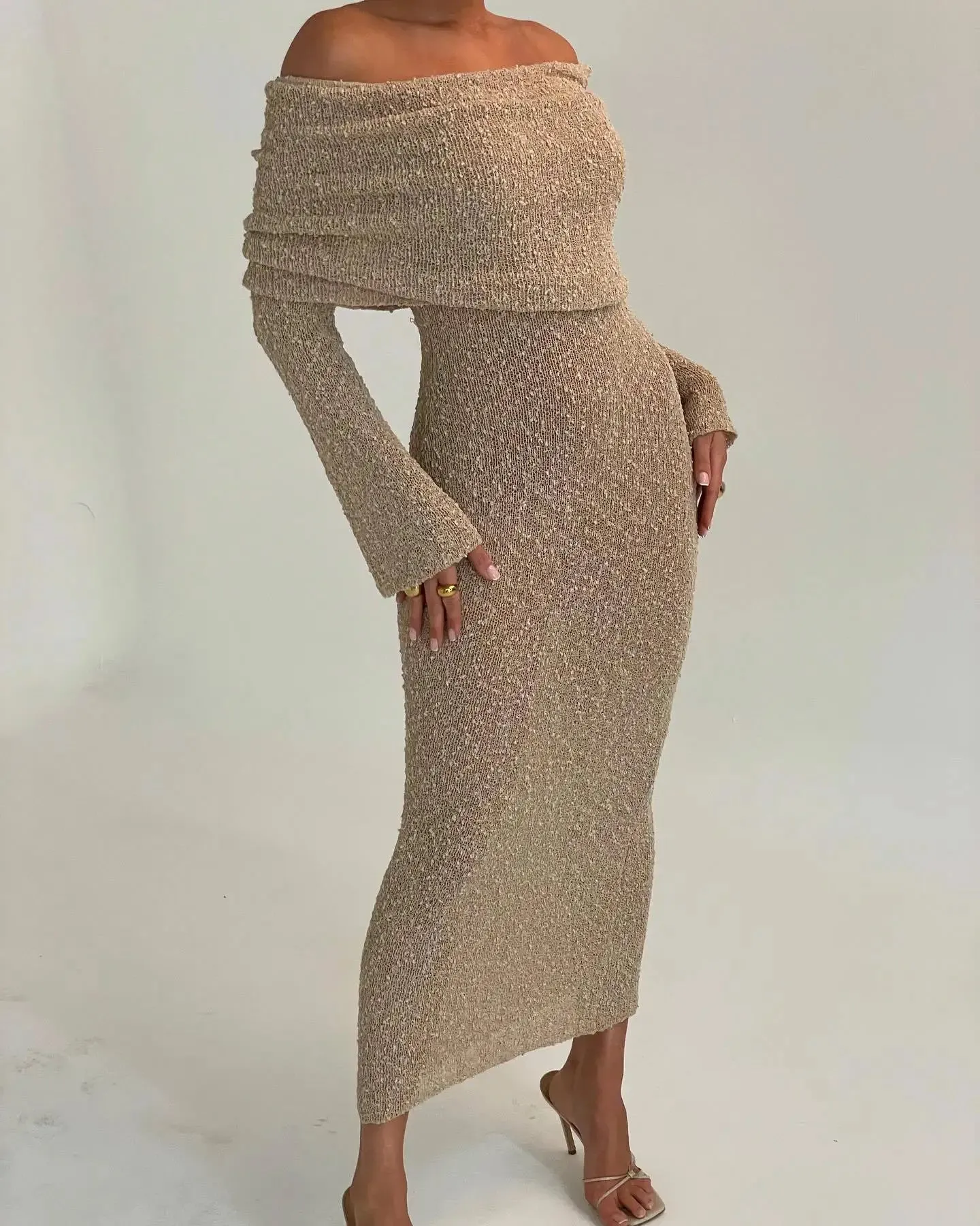 Knit Off-Shoulder Long Charming Sleeve Maxi Dress