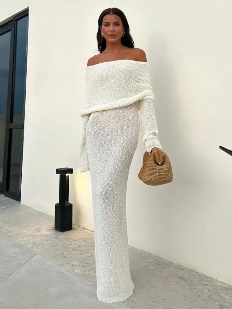 Knit Off-Shoulder Long Charming Sleeve Maxi Dress