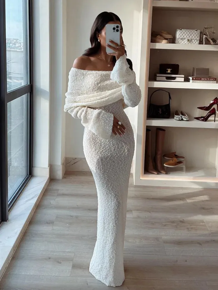 Knit Off-Shoulder Long Charming Sleeve Maxi Dress