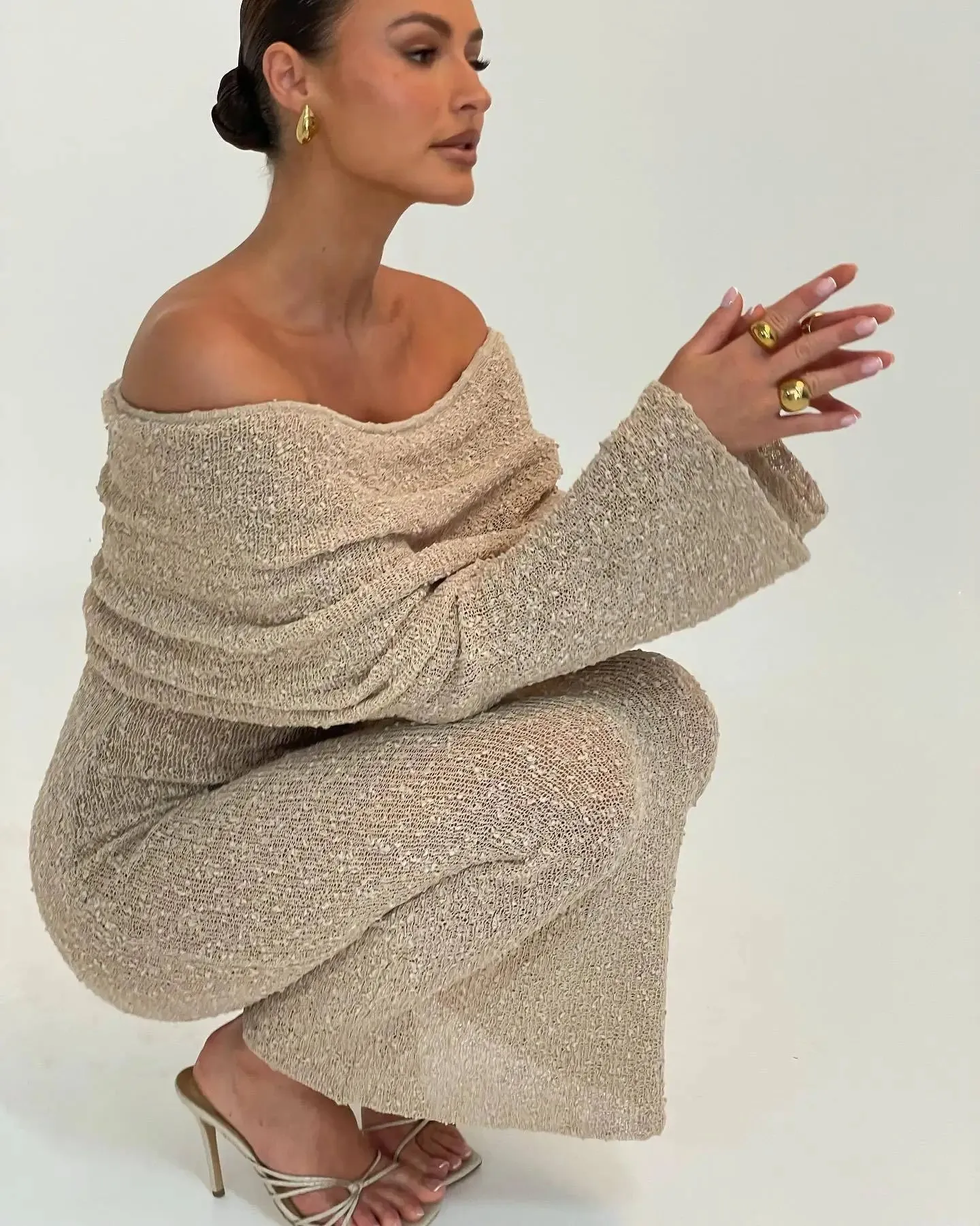 Knit Off-Shoulder Long Charming Sleeve Maxi Dress