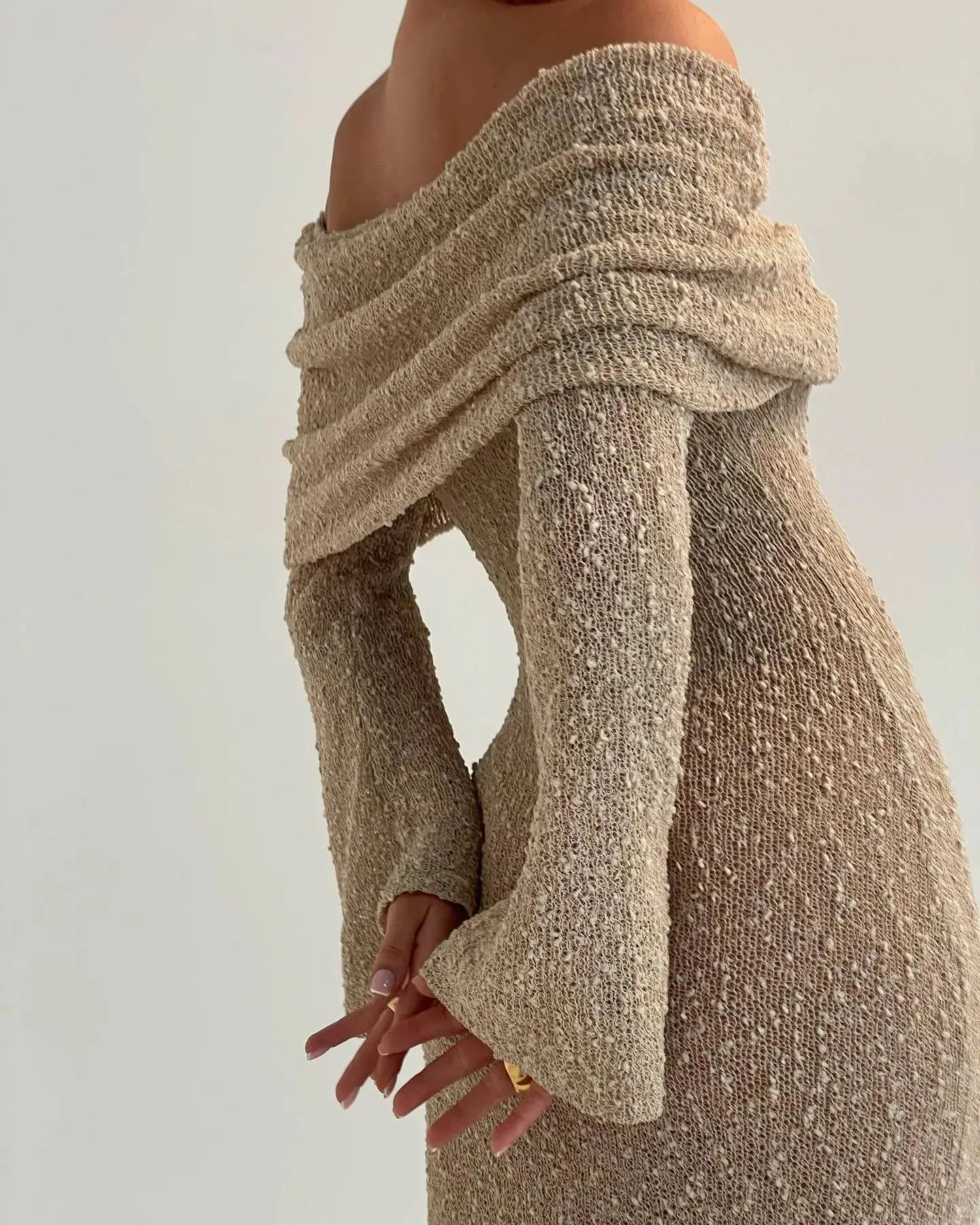 Knit Off-Shoulder Long Charming Sleeve Maxi Dress