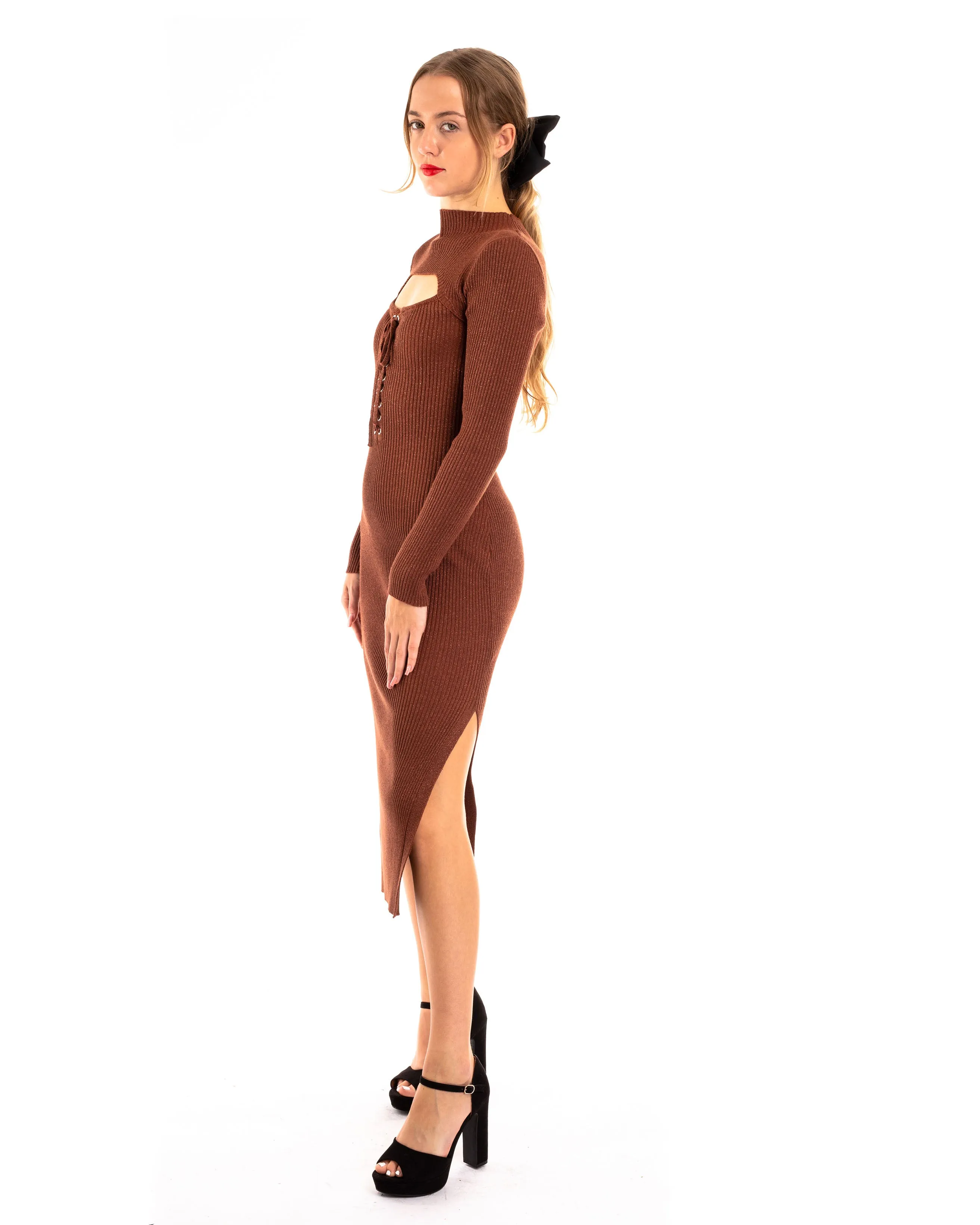 Lace up and cut out design Metallic midi bodycon dress in Brown