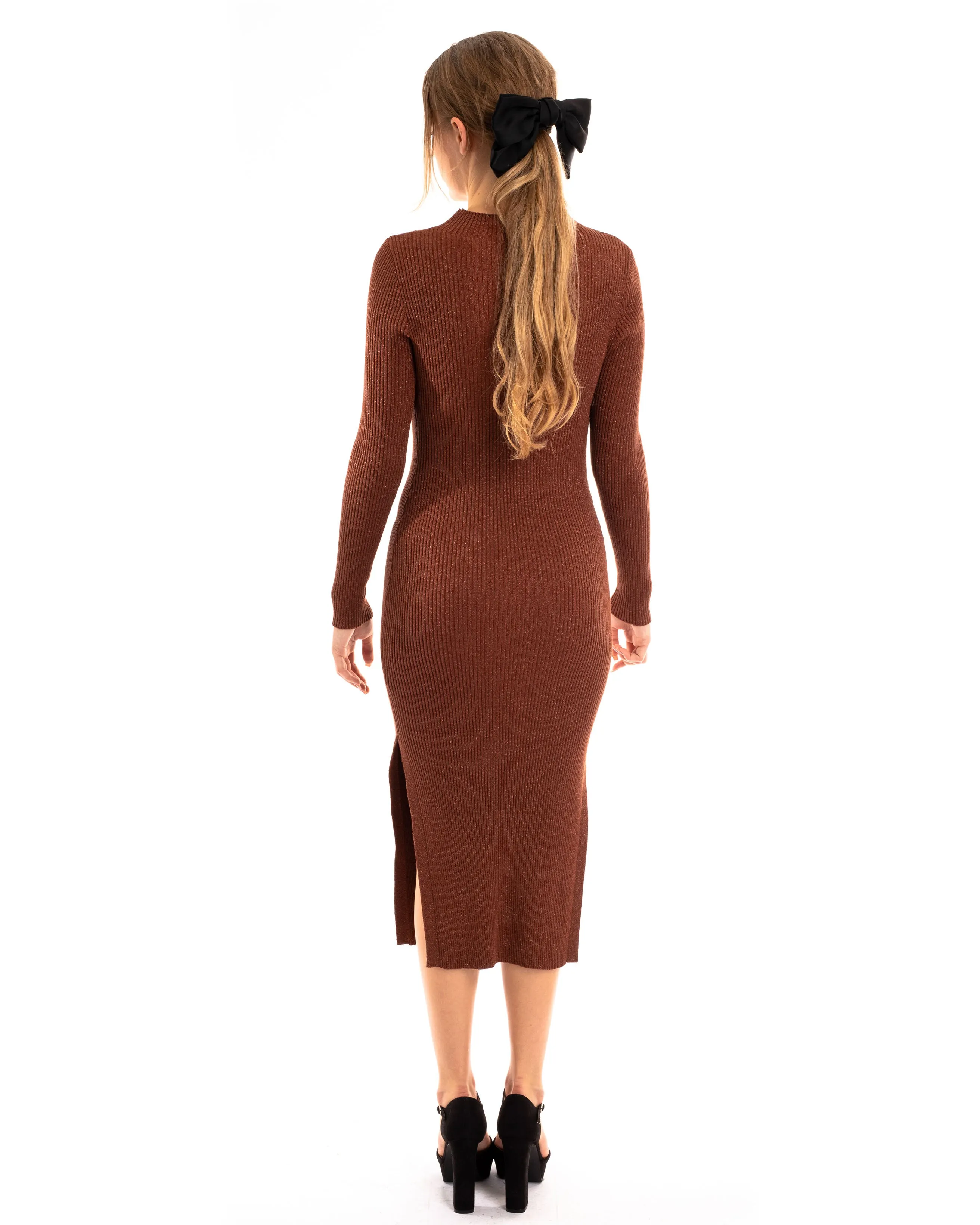 Lace up and cut out design Metallic midi bodycon dress in Brown