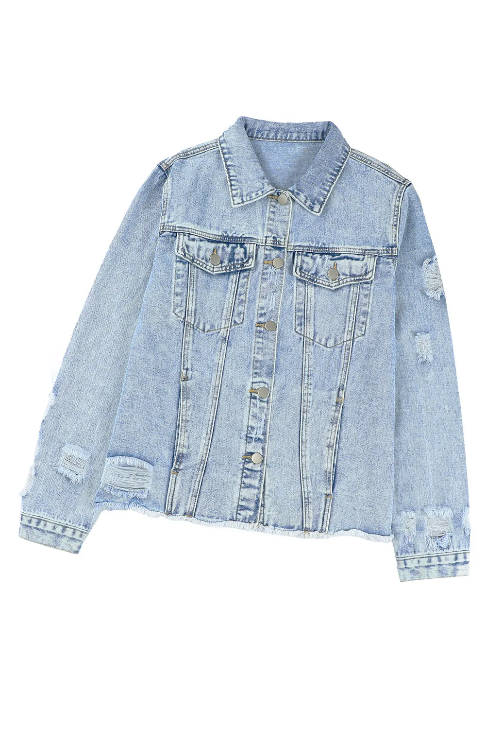 Lapel Distressed Raw Hem Buttons Denim Jacket