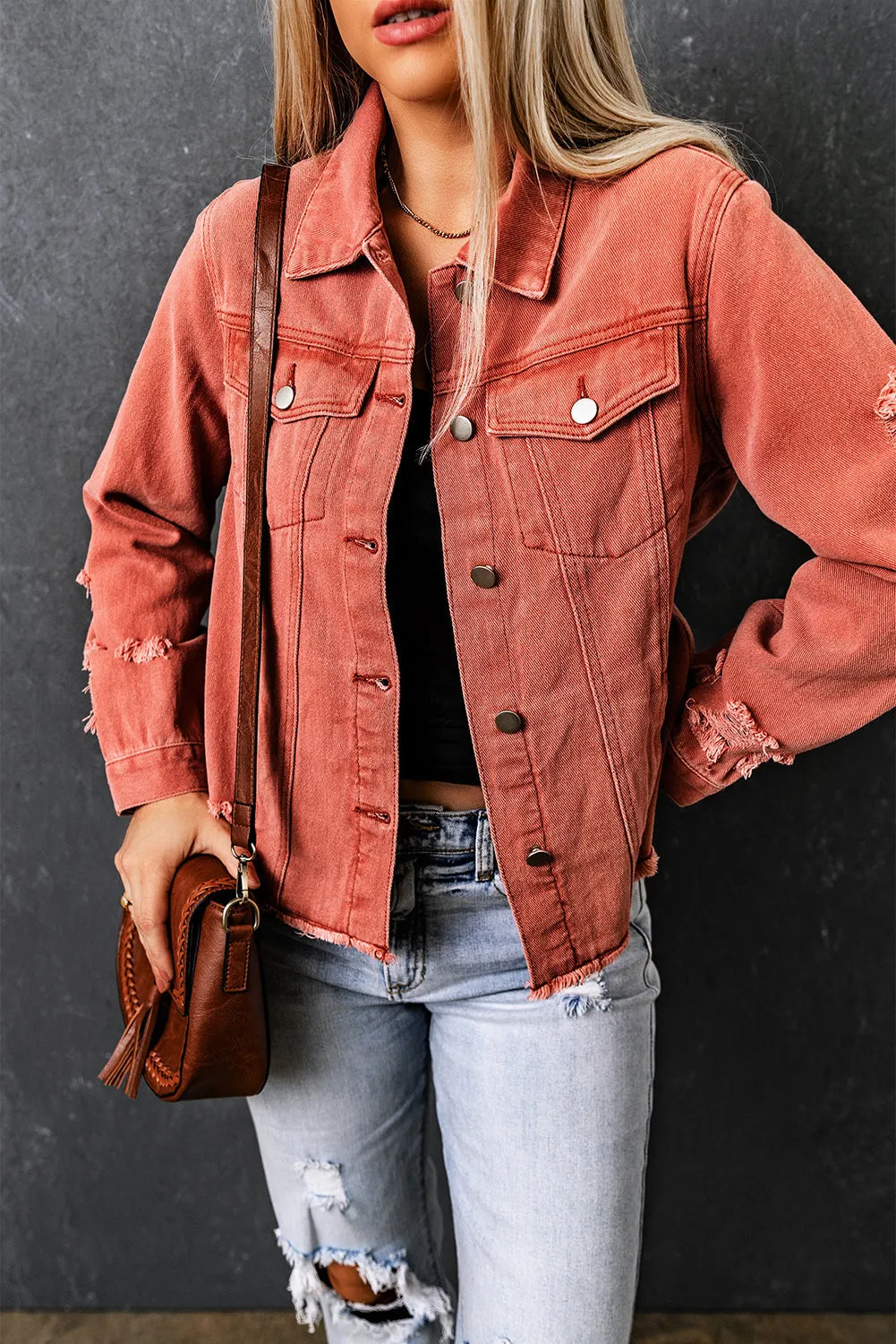 Lapel Distressed Raw Hem Buttons Denim Jacket