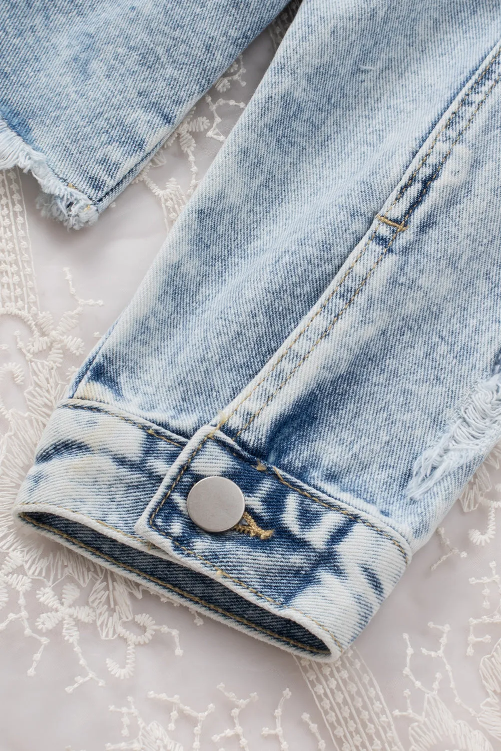 Lapel Distressed Raw Hem Buttons Denim Jacket