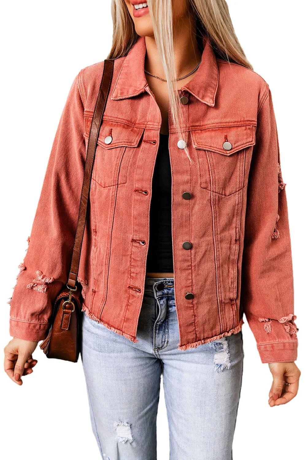 Lapel Distressed Raw Hem Buttons Denim Jacket