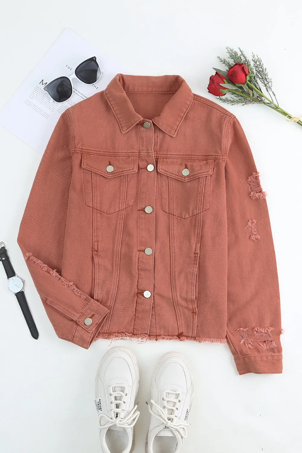 Lapel Distressed Raw Hem Buttons Denim Jacket