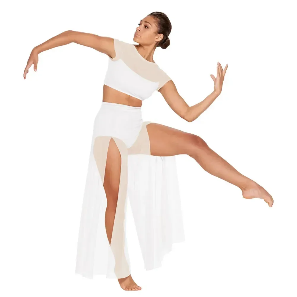 LC990  Modern Ballet Dance Mesh Top Wide Leg Pants Attached 2 Piece Lyrical Outfit -Stage Costume