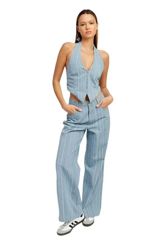 Light Blue Pinstripe Mid Rise Wide Leg Pants