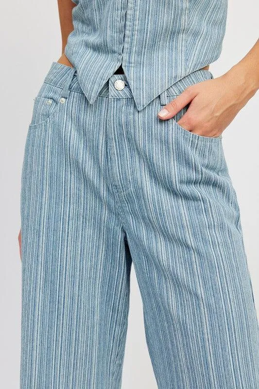 Light Blue Pinstripe Mid Rise Wide Leg Pants