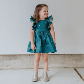 Little Girl's Navy Stargazing Print Ruffle Pinafore Cotton Dress