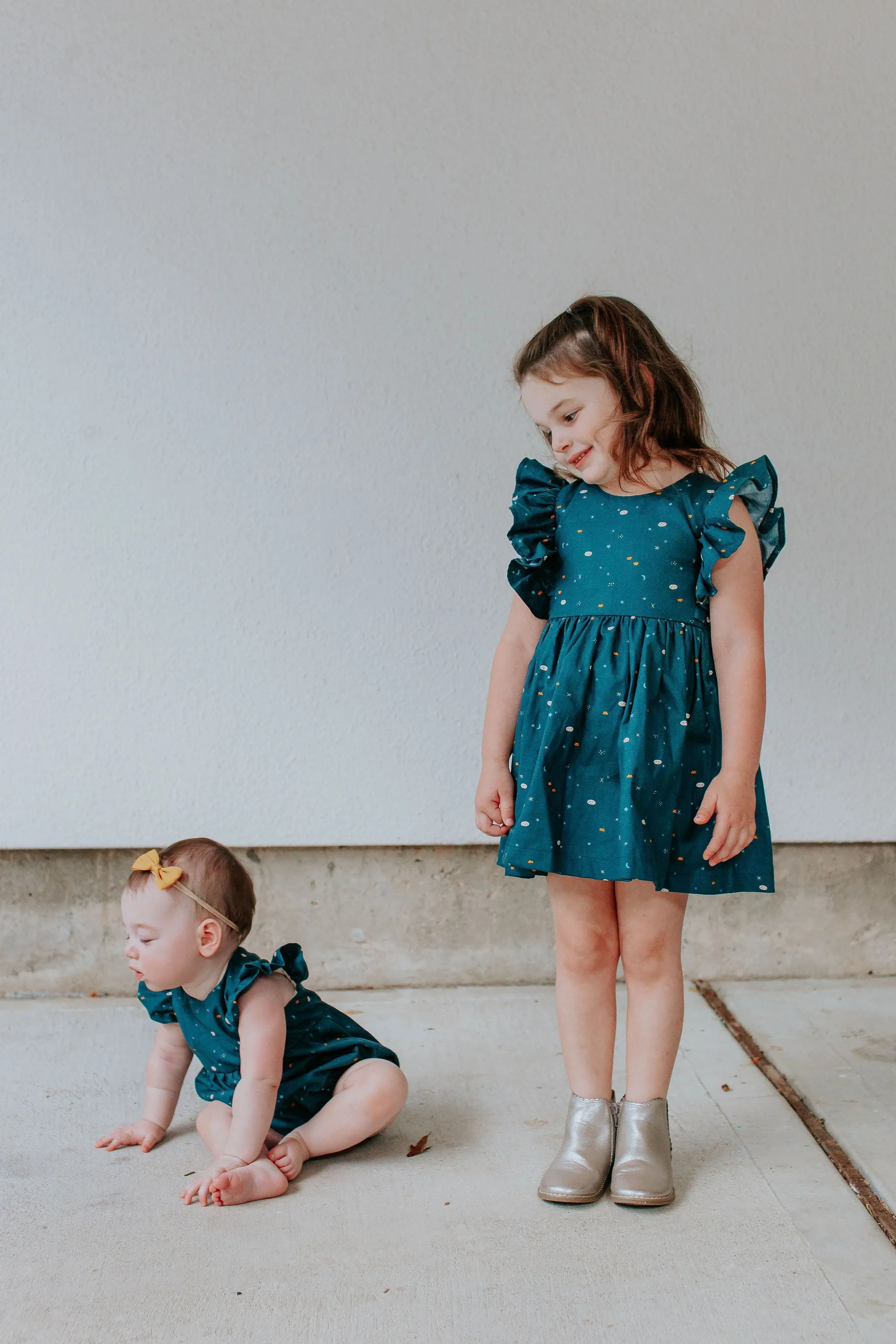 Little Girl's Navy Stargazing Print Ruffle Pinafore Cotton Dress