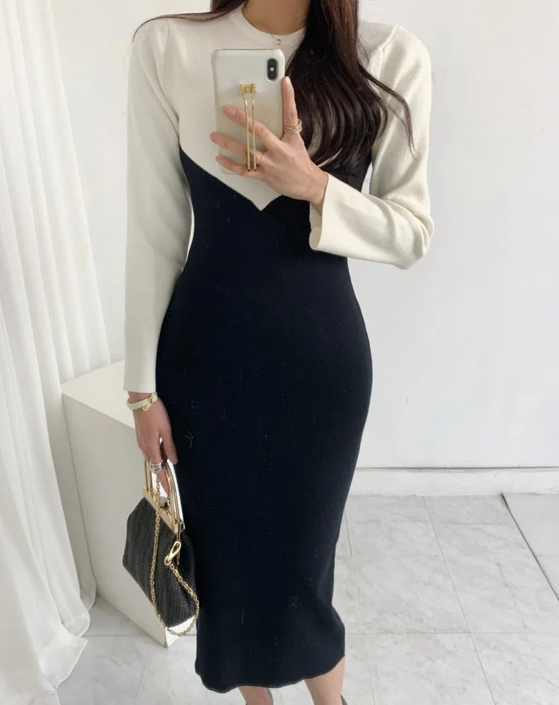 Long Sleeve Color Contrast Knit Dress