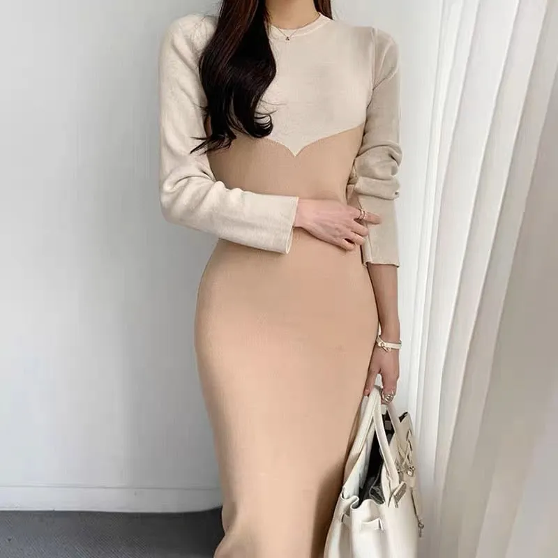 Long Sleeve Color Contrast Knit Dress