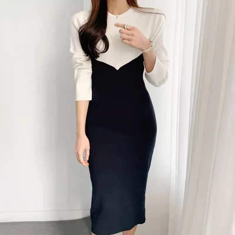 Long Sleeve Color Contrast Knit Dress