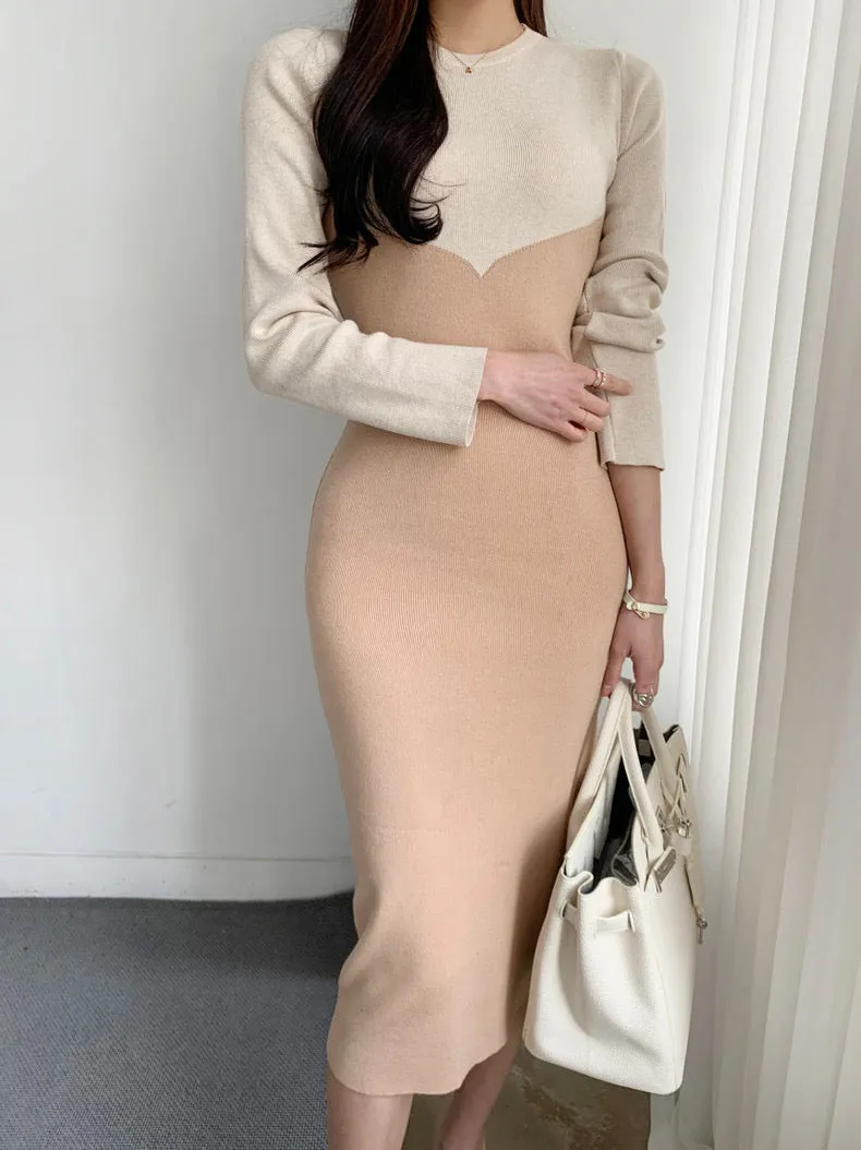 Long Sleeve Color Contrast Knit Dress