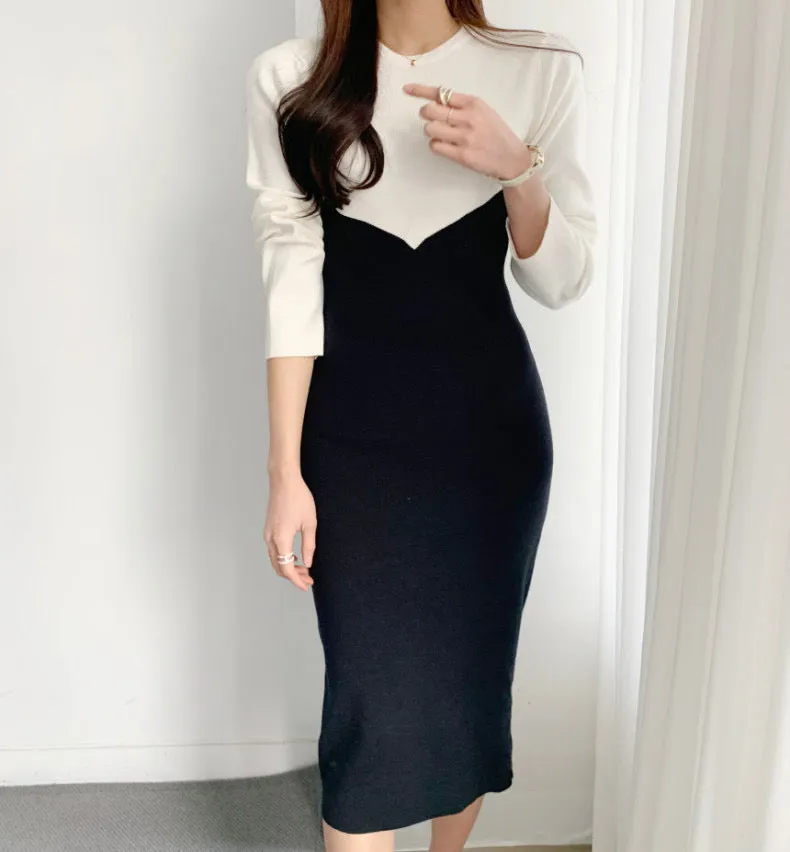 Long Sleeve Color Contrast Knit Dress