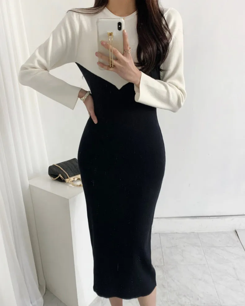 Long Sleeve Color Contrast Knit Dress