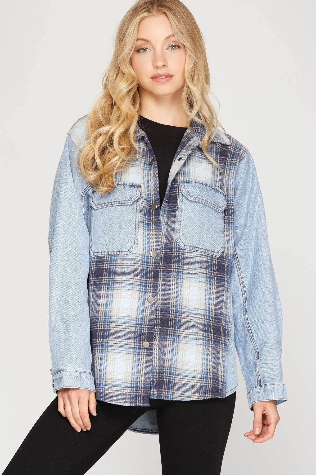 Long sleeve woven plaid and denim mixed jacket