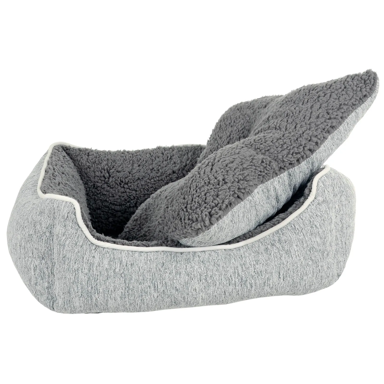 Luxury Sherpa Lined Pet Bed Cat Dog Sofa Linen Fabric Grey