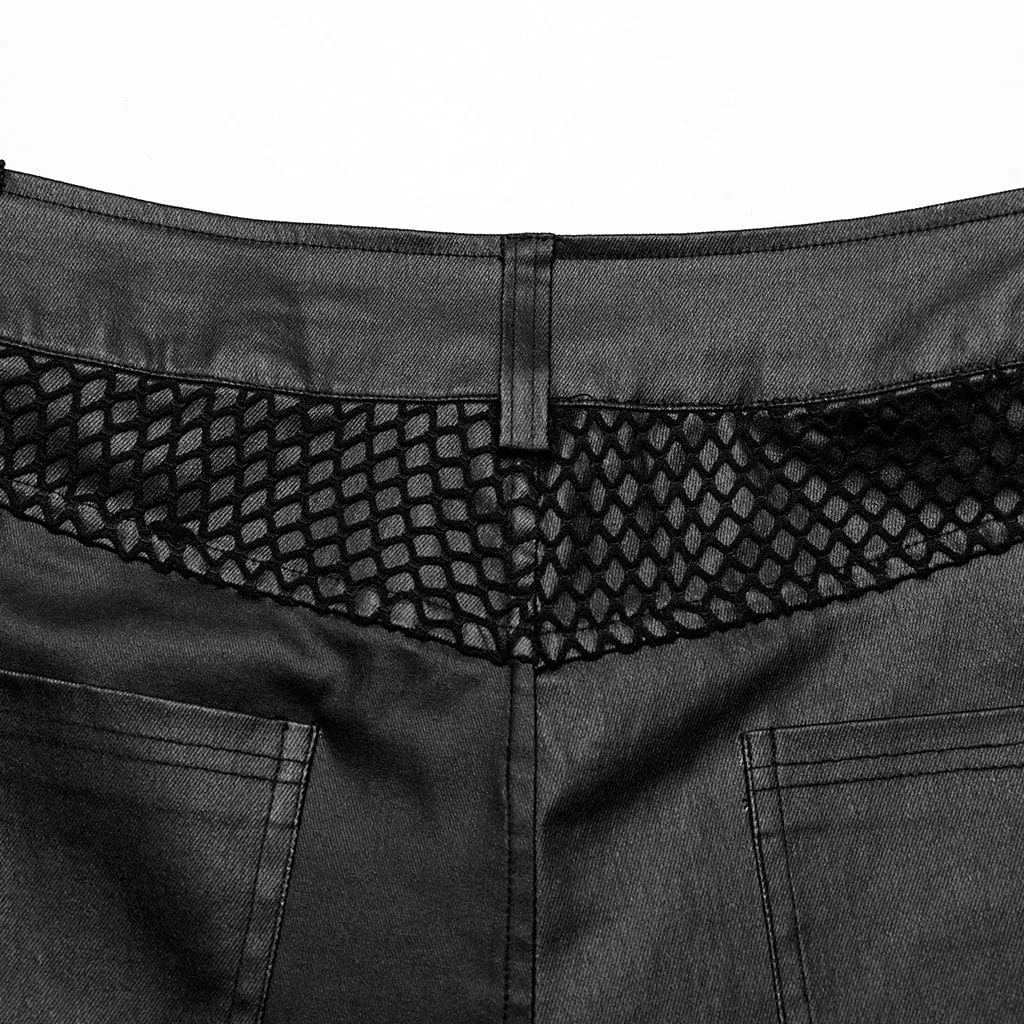 Men's Punk Rock Mesh Splice Eyelet Straps Faux Leather Pants