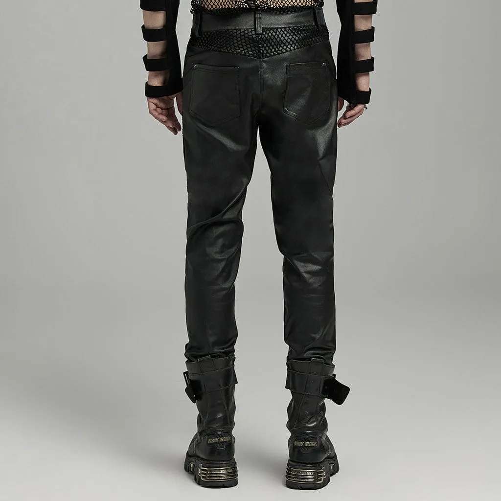 Men's Punk Rock Mesh Splice Eyelet Straps Faux Leather Pants