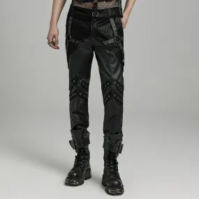 Men's Punk Rock Mesh Splice Eyelet Straps Faux Leather Pants