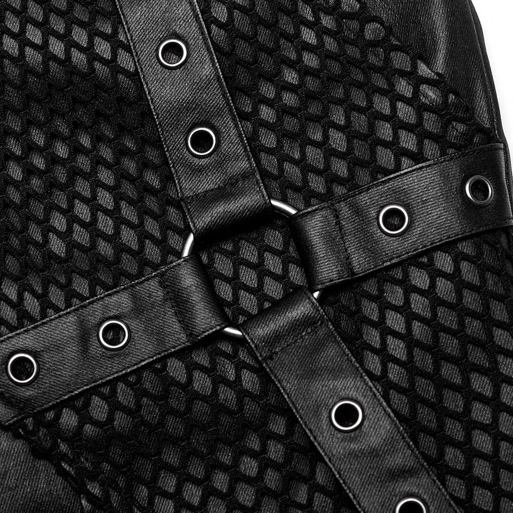 Men's Punk Rock Mesh Splice Eyelet Straps Faux Leather Pants