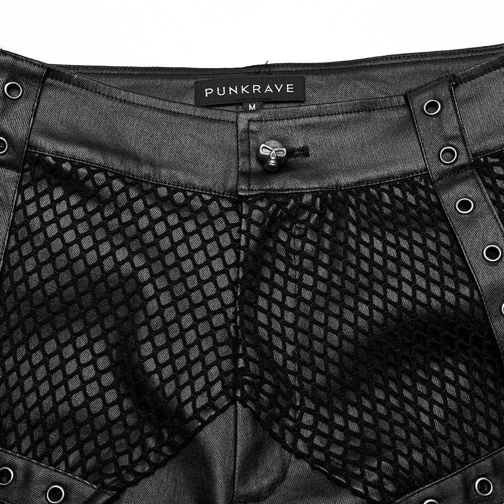 Men's Punk Rock Mesh Splice Eyelet Straps Faux Leather Pants