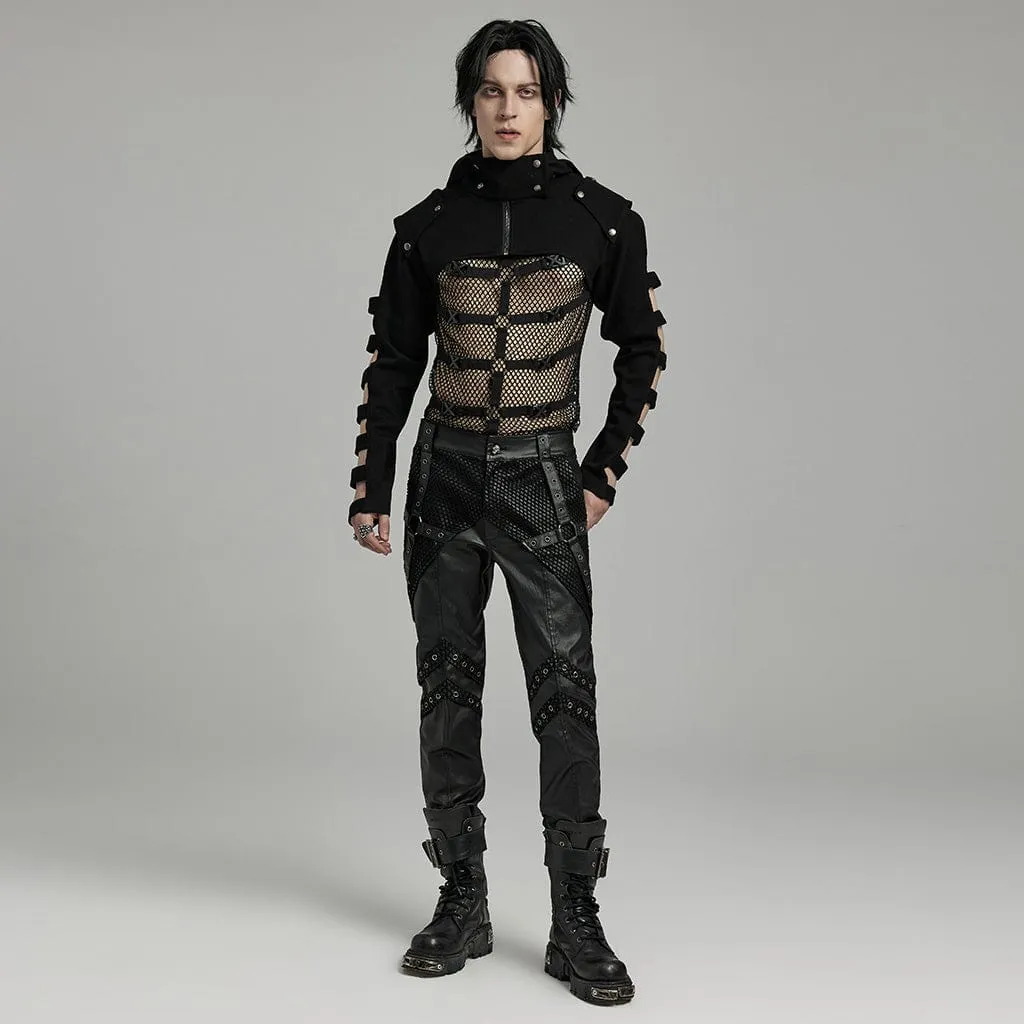 Men's Punk Rock Mesh Splice Eyelet Straps Faux Leather Pants