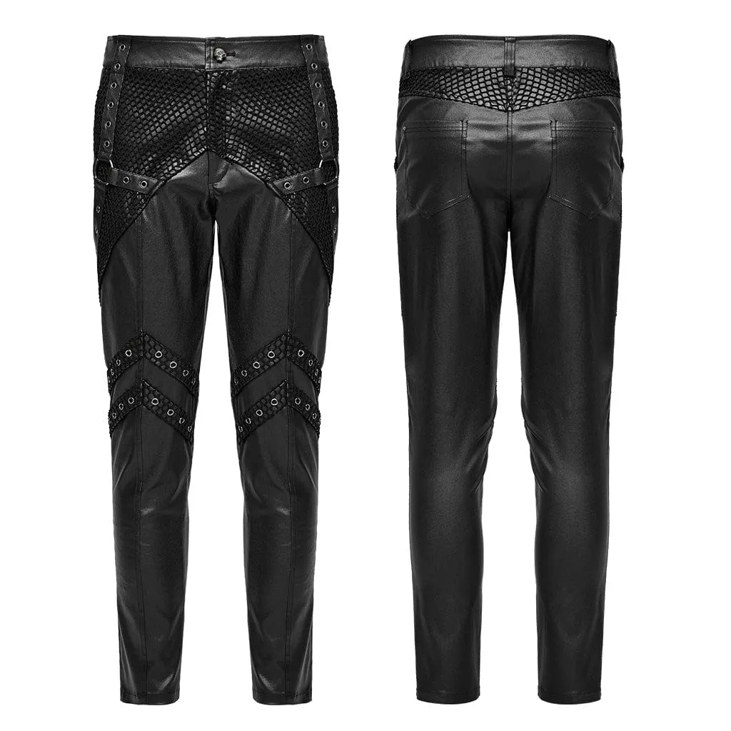 Men's Punk Rock Mesh Splice Eyelet Straps Faux Leather Pants