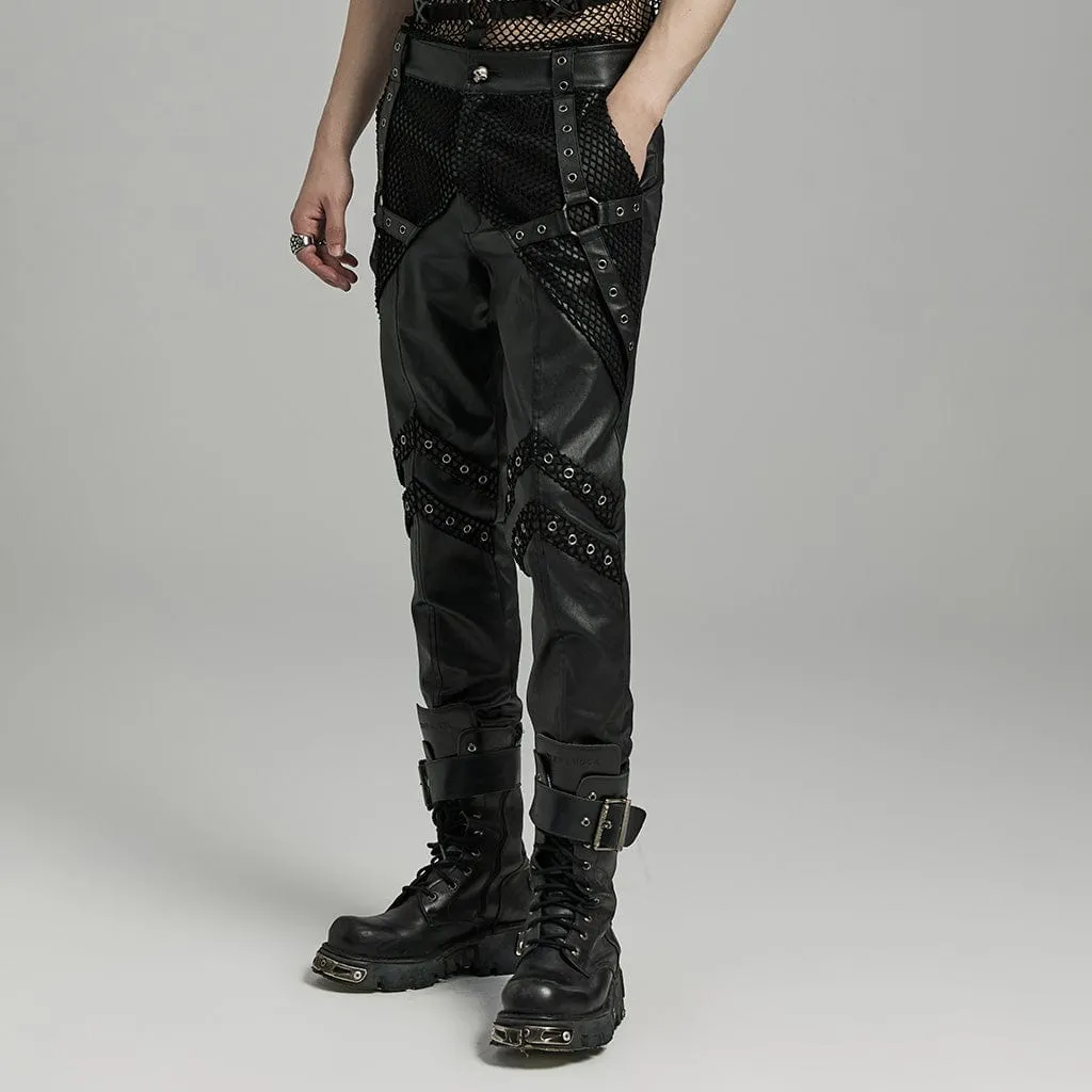 Men's Punk Rock Mesh Splice Eyelet Straps Faux Leather Pants