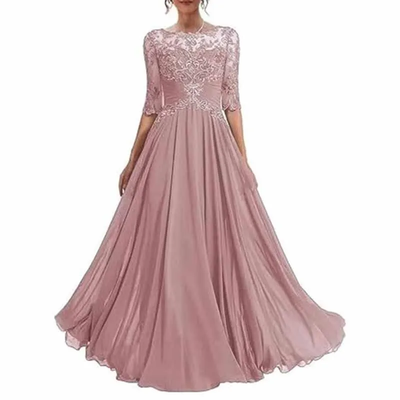 Mother of The Bride Dresses Lace Maxi Formal Evening Gown with Sleeves