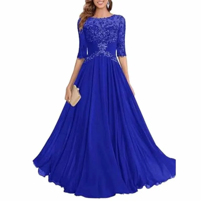 Mother of The Bride Dresses Lace Maxi Formal Evening Gown with Sleeves