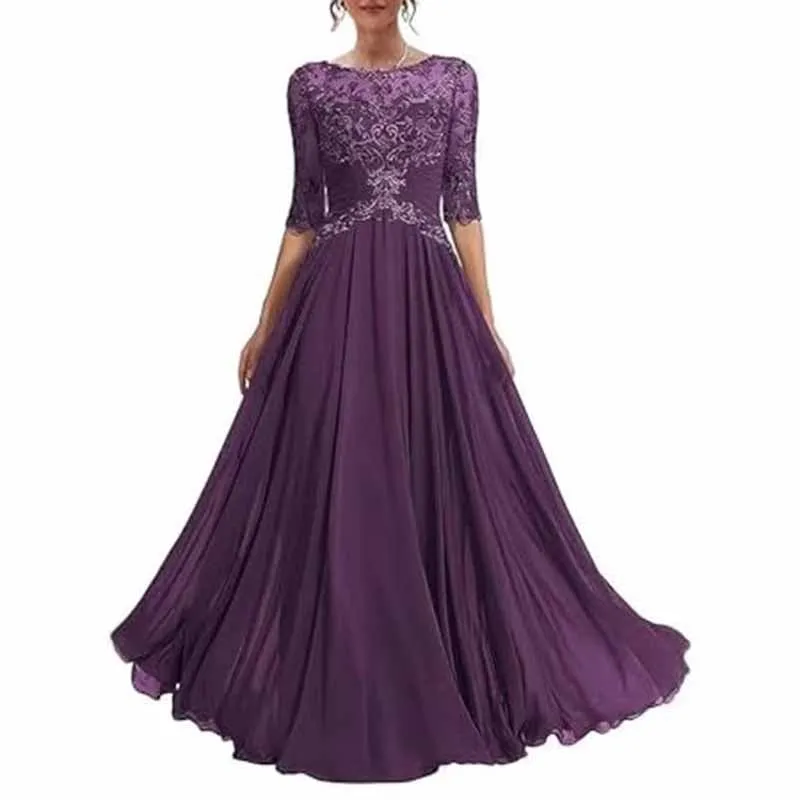 Mother of The Bride Dresses Lace Maxi Formal Evening Gown with Sleeves