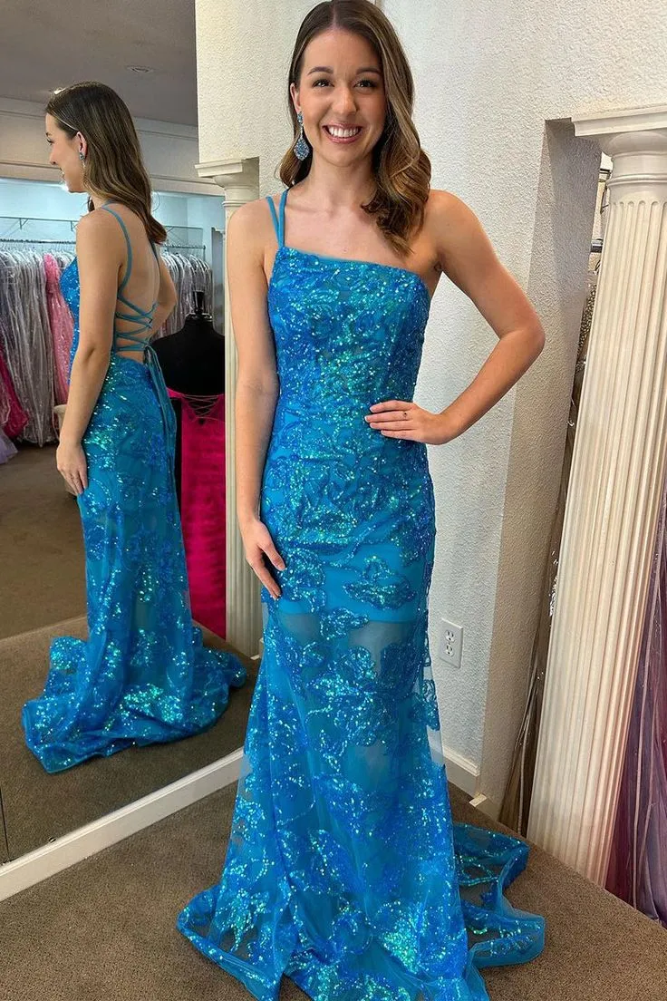 One Shoulder Sequin Lace Mermaid Long Prom Dresses       fg5199