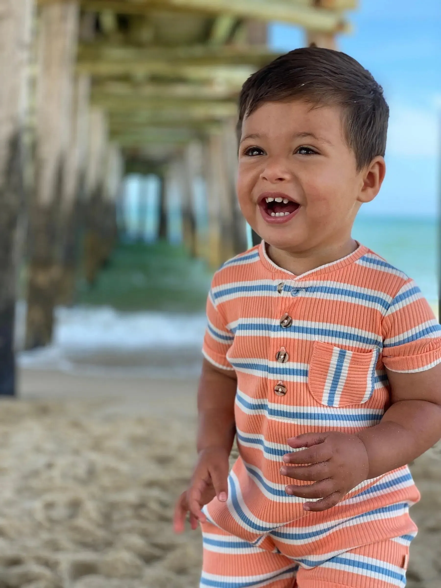 Peach/blue ribbed henley romper | Me & Henry