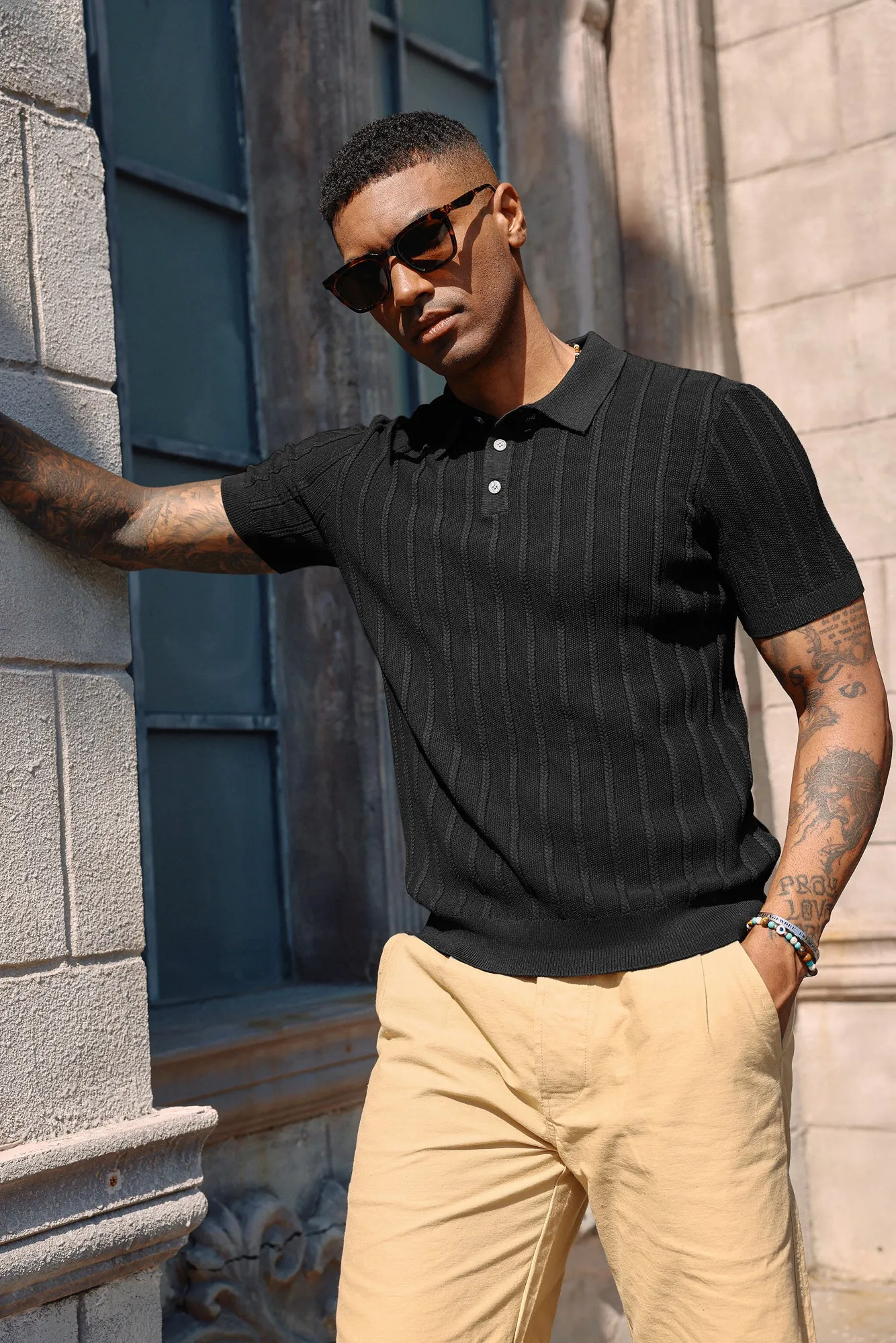 PJ Men Straight Knitted Polo-Shirt Short Sleeve Lapel Collar Button-up Neck Tops