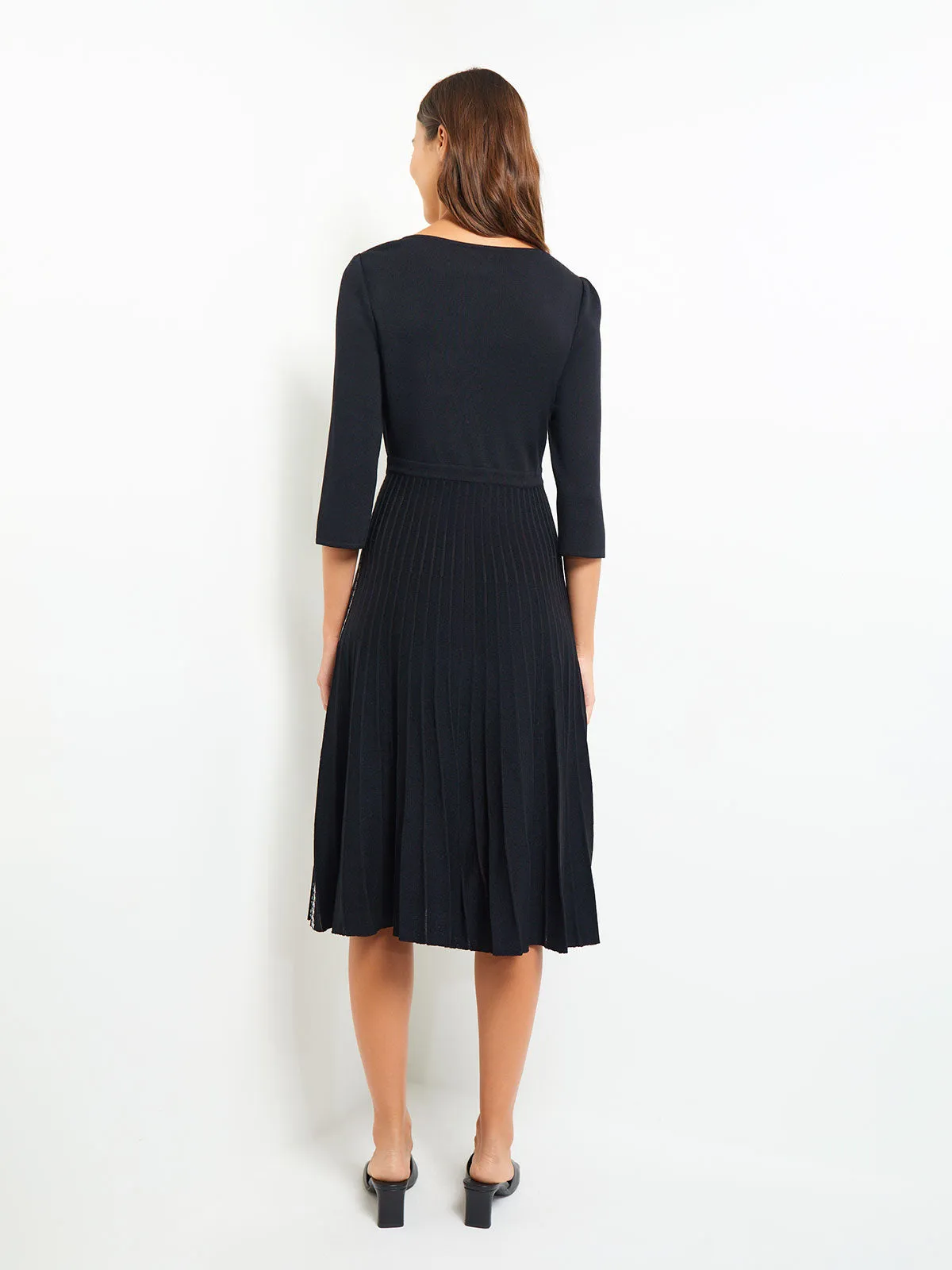 Pleated Contrast Panel Soft Knit Dress, Black & White